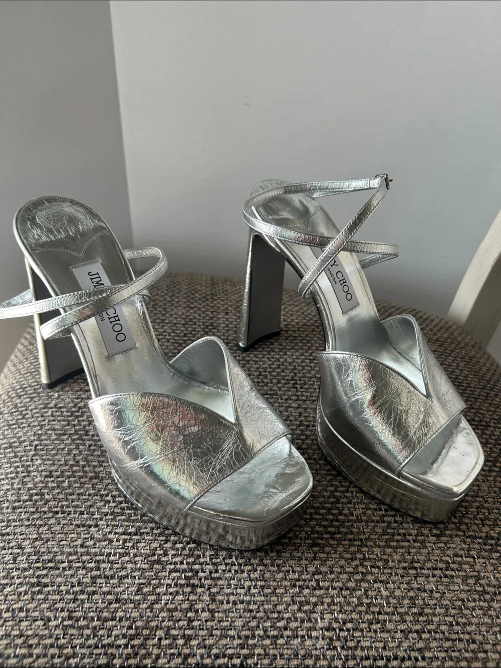 Jimmy Choo Karli 125 Silver Metallic Platform Sandals Disco Glam 39 Disco Glam